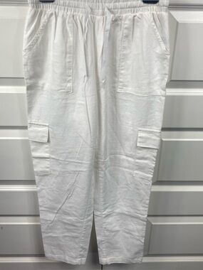 CI SONO Linen Blend Straight Leg Pull On Pants • Medium White Loose Drawstring